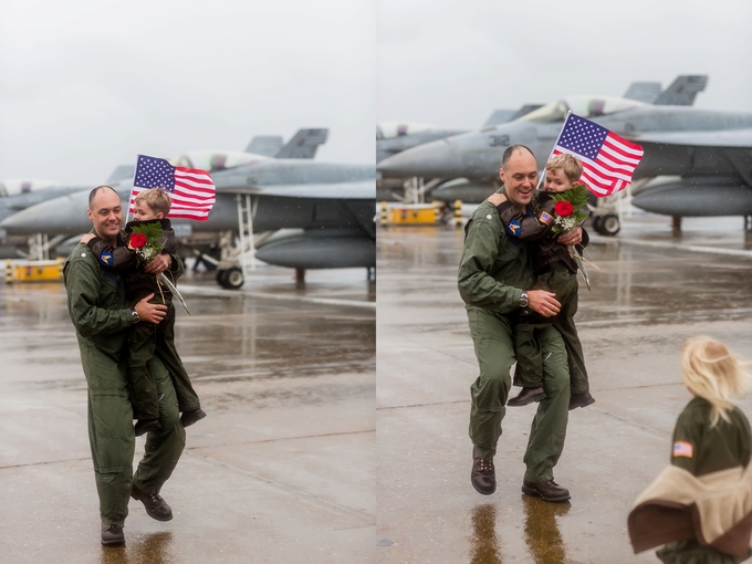 Emotional Rainy Day Navy Pilot Family Homecoming