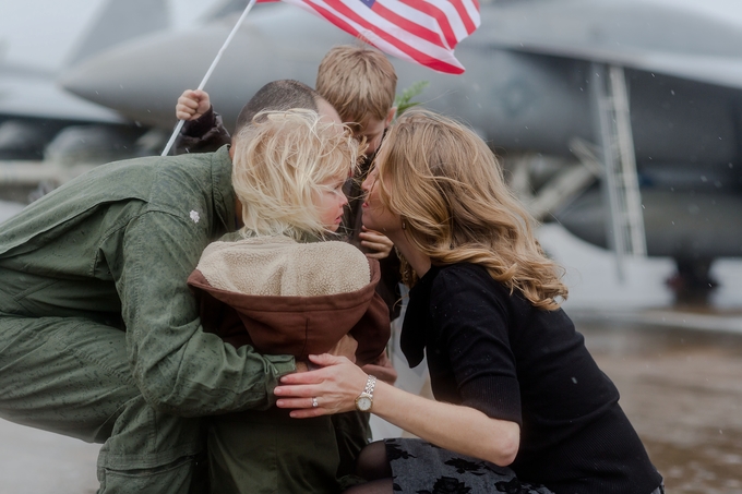 Emotional Rainy Day Navy Pilot Family Homecoming