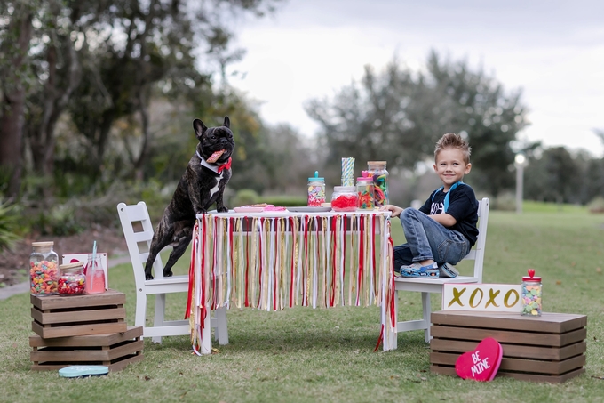 Valentines day candy crush with best buds french bulldog and little boy