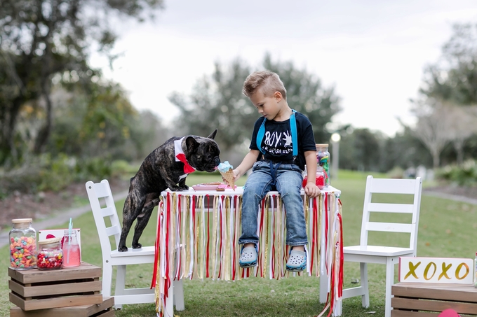 Valentines day candy crush with best buds french bulldog and little boy