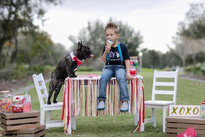 Valentines day candy crush with best buds french bulldog and little boy