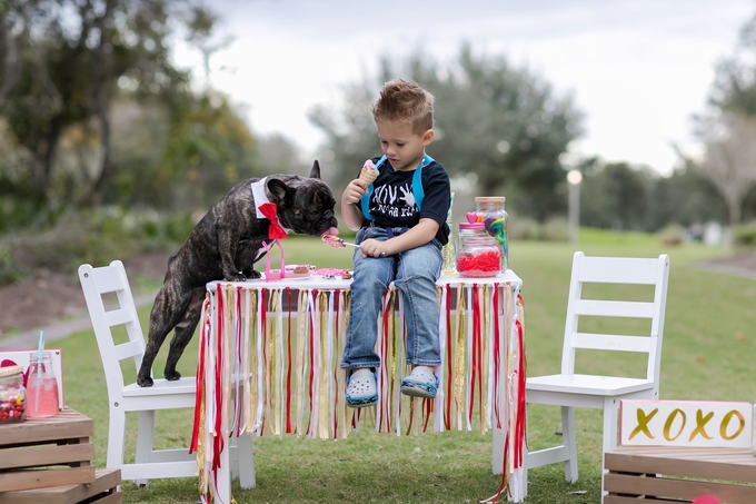 Valentines day candy crush with best buds french bulldog and little boy