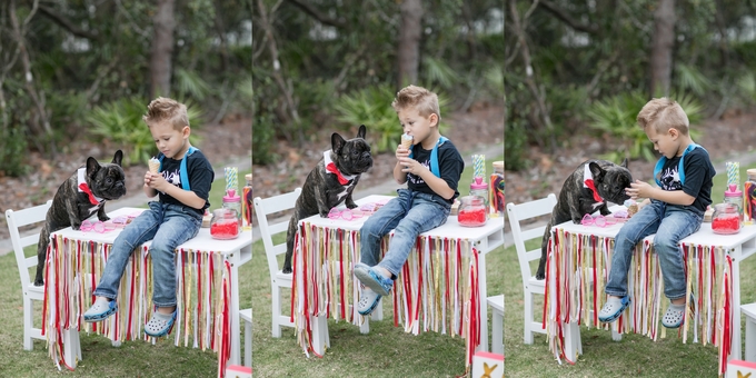 Valentines day candy crush with best buds french bulldog and little boy