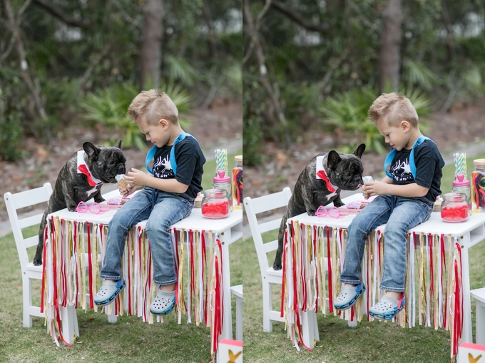 Valentines day candy crush with best buds french bulldog and little boy