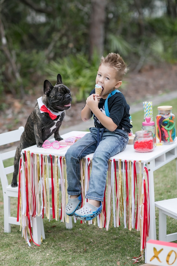 Valentines day candy crush with best buds french bulldog and little boy