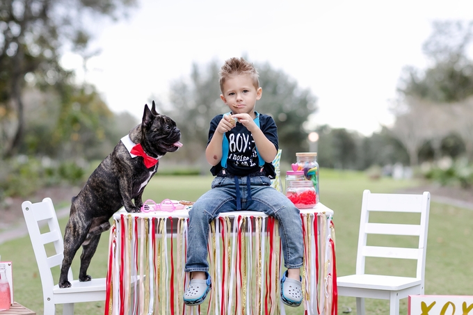 Valentines day candy crush with best buds french bulldog and little boy