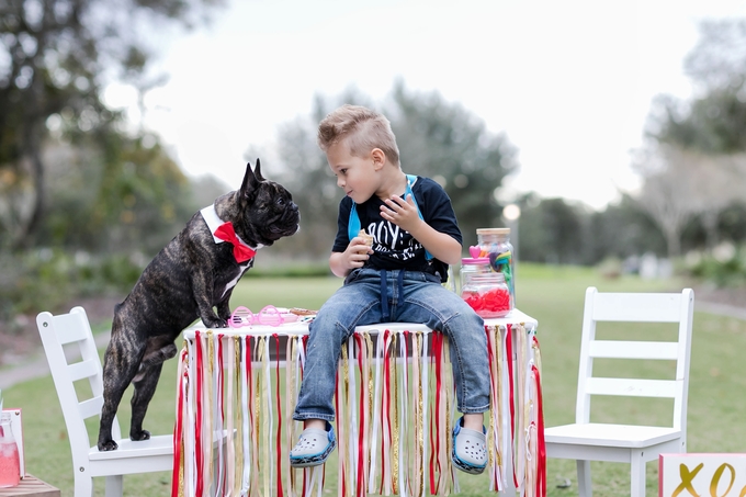 Valentines day candy crush with best buds french bulldog and little boy