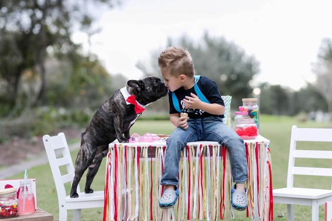 Valentines day candy crush with best buds french bulldog and little boy